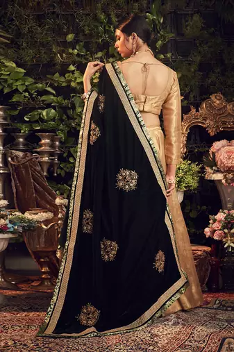Oxidised Gold Lehenga Set With Velvet Dupatta Shawl
