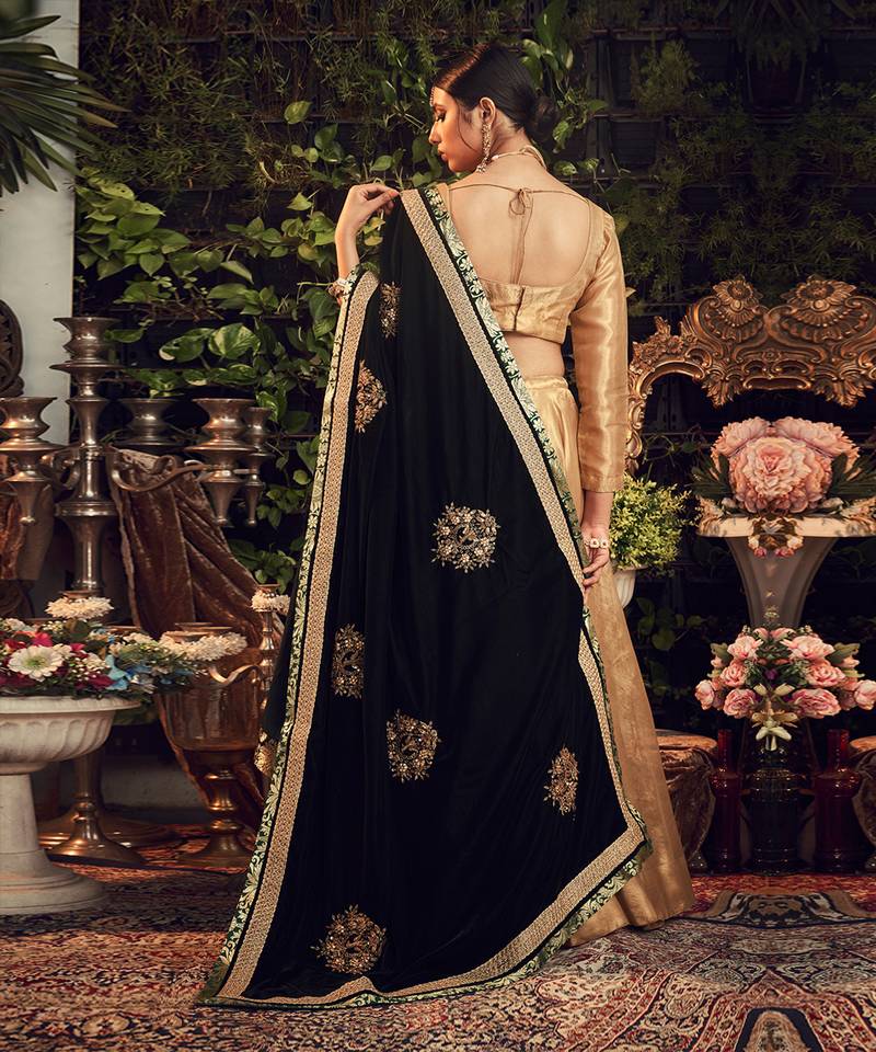 Oxidised Gold Lehenga Set With Velvet Dupatta Shawl