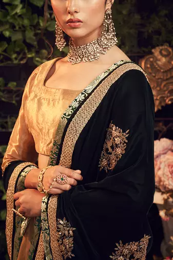 Oxidised Gold Lehenga Set With Velvet Dupatta Shawl