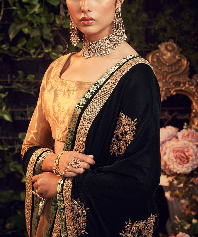 Oxidised Gold Lehenga Set With Velvet Dupatta Shawl