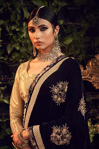 Oxidised Gold Lehenga Set With Velvet Dupatta Shawl