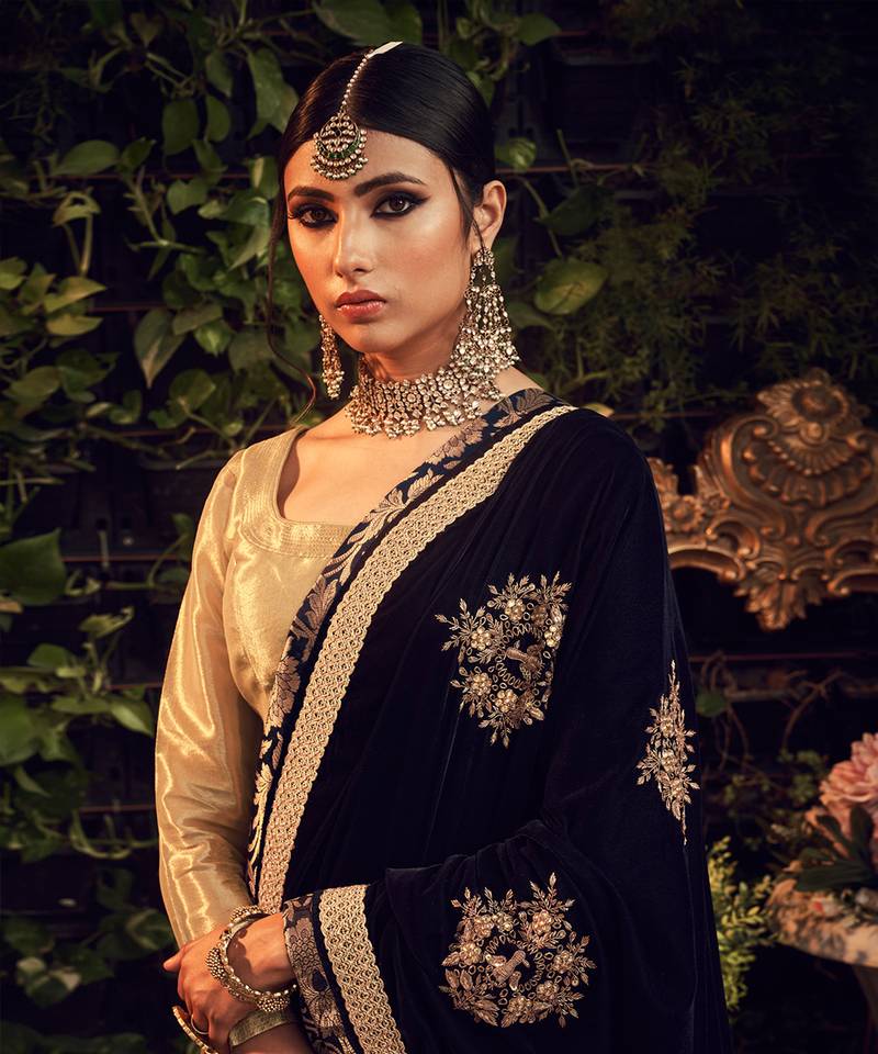 Oxidised Gold Lehenga Set With Velvet Dupatta Shawl