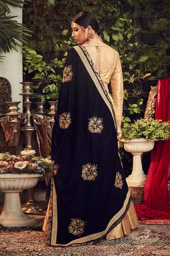 Oxidised Gold Lehenga Set With Velvet Dupatta Shawl
