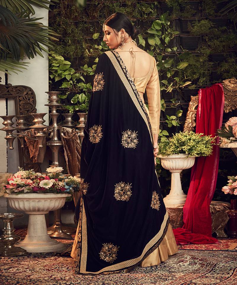 Oxidised Gold Lehenga Set With Velvet Dupatta Shawl