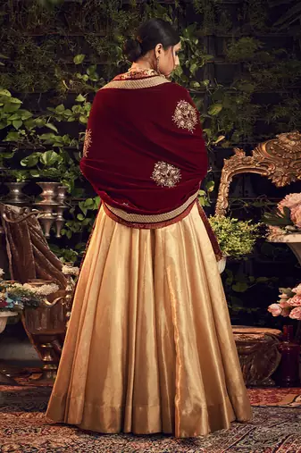 Oxidised Gold Lehenga Set With Velvet Dupatta Shawl