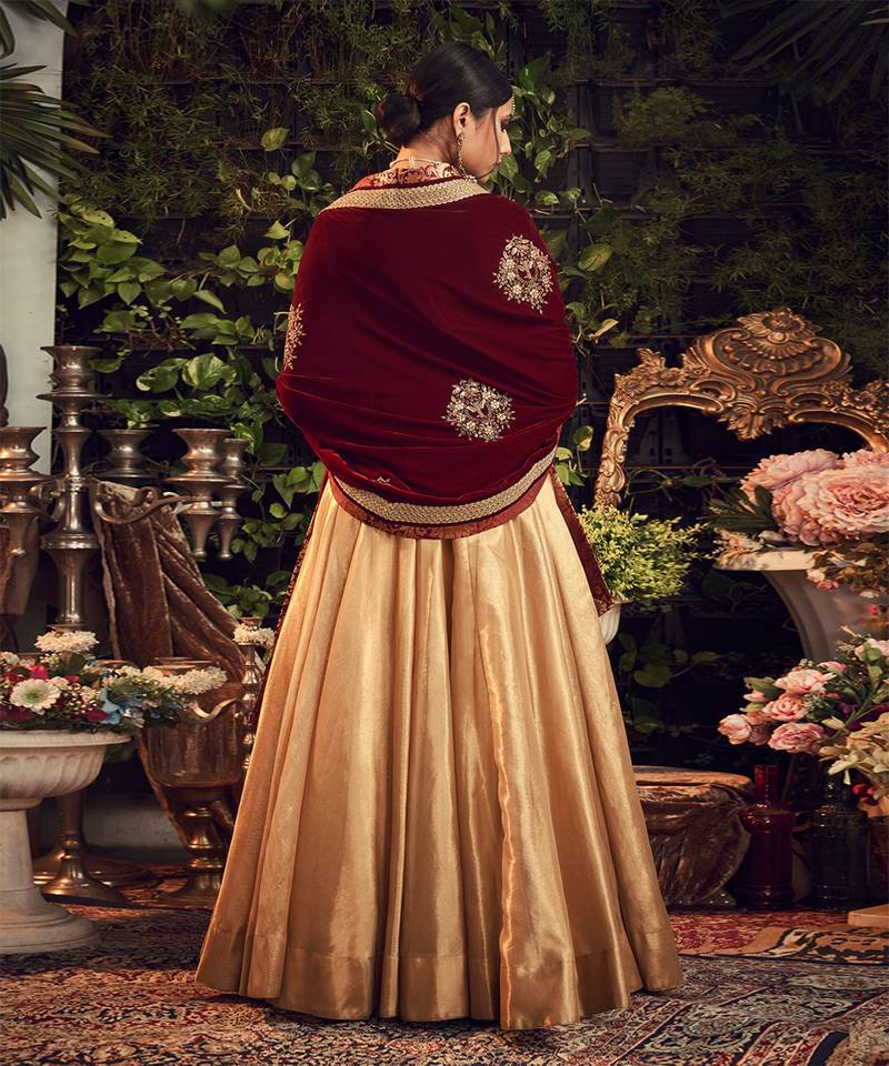 Oxidised Gold Lehenga Set With Velvet Dupatta Shawl