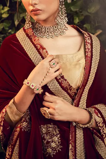 Oxidised Gold Lehenga Set With Velvet Dupatta Shawl