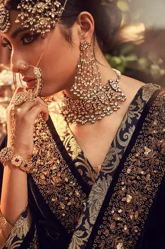 Oxidised Gold Lehenga Set With Velvet Dupatta Shawl