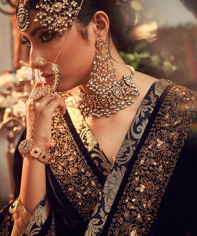 Oxidised Gold Lehenga Set With Velvet Dupatta Shawl