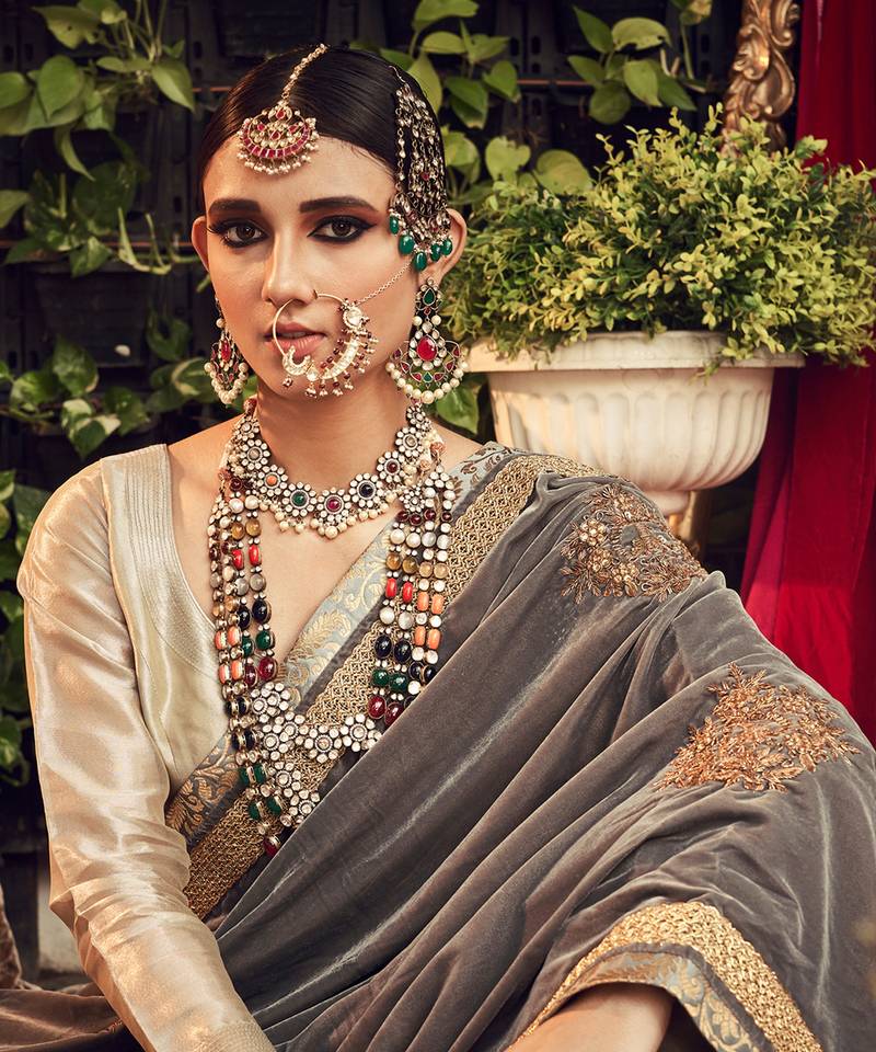 Chapagne Lehenga Set With Velvet Dupatta Shawl