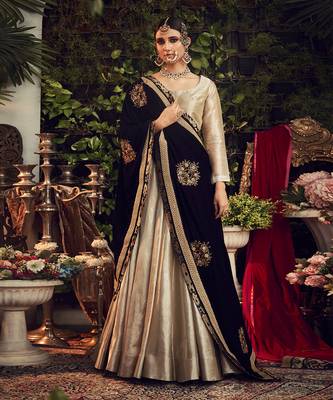 Champagne Lehenga Set With Velvet Dupatta Shawl 1