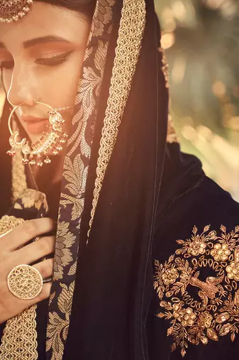 Champagne Lehenga Set With Velvet Dupatta Shawl