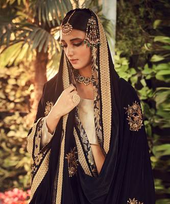 Champagne Lehenga Set With Velvet Dupatta Shawl 3