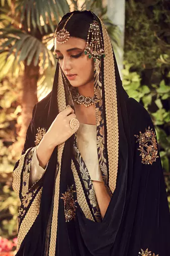 Champagne Lehenga Set With Velvet Dupatta Shawl
