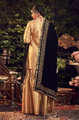 Oxidised Gold Garara Set With Velvet Dupatta Shawl