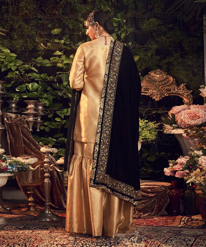 Oxidised Gold Garara Set With Velvet Dupatta Shawl