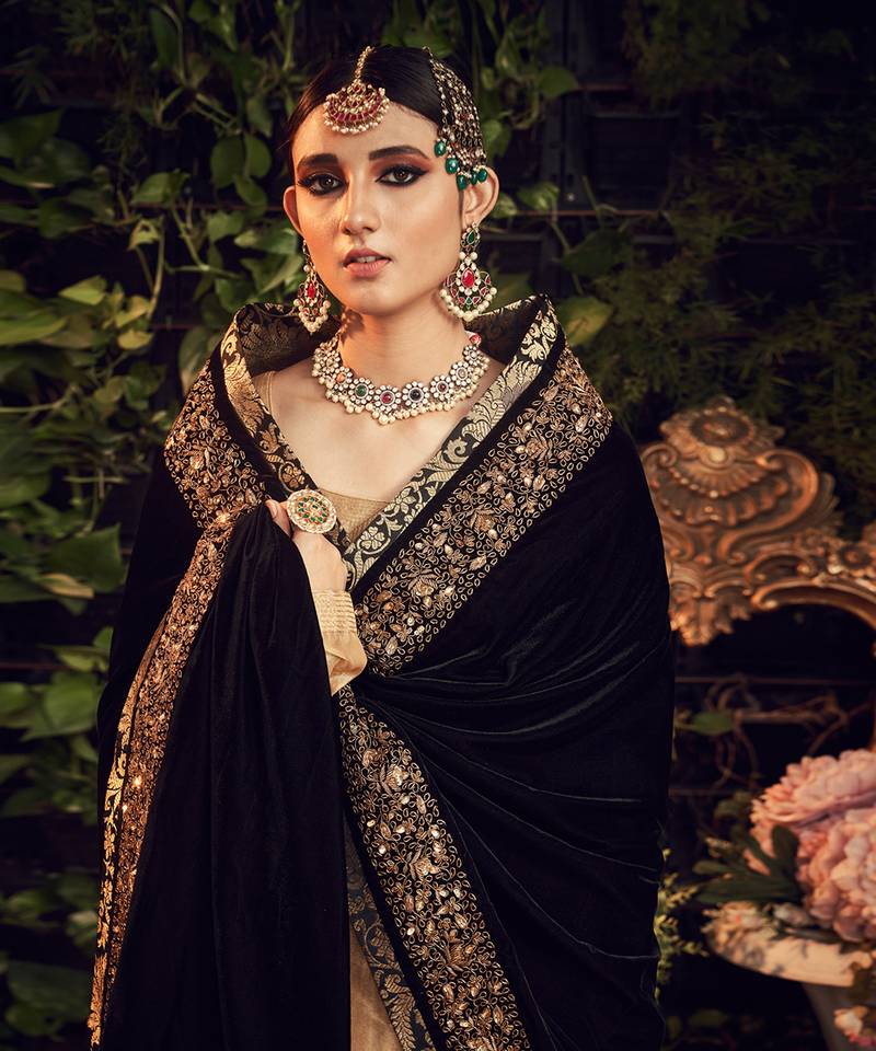 Oxidised Gold Garara Set With Velvet Dupatta Shawl