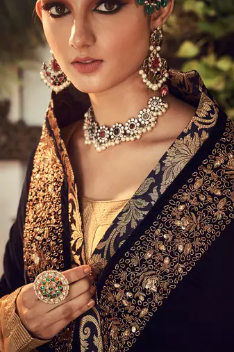 Oxidised Gold Garara Set With Velvet Dupatta Shawl