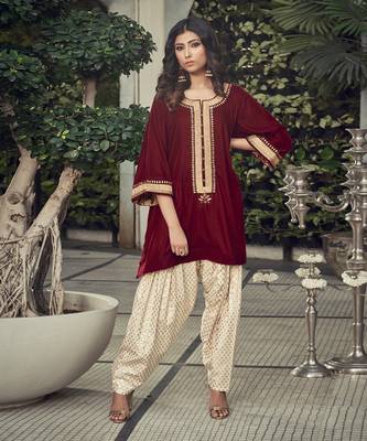 Mahroon Velvet Kurta With Chanderi Dhoti Salwar 1