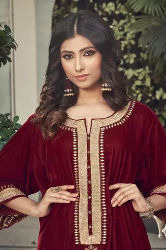 Mahroon Velvet Kurta With Chanderi Dhoti Salwar