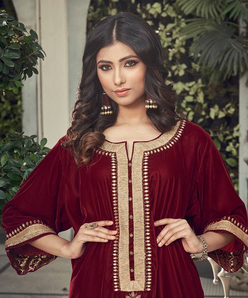 Mahroon Velvet Kurta With Chanderi Dhoti Salwar