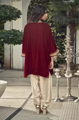 Mahroon Velvet Kurta With Chanderi Dhoti Salwar