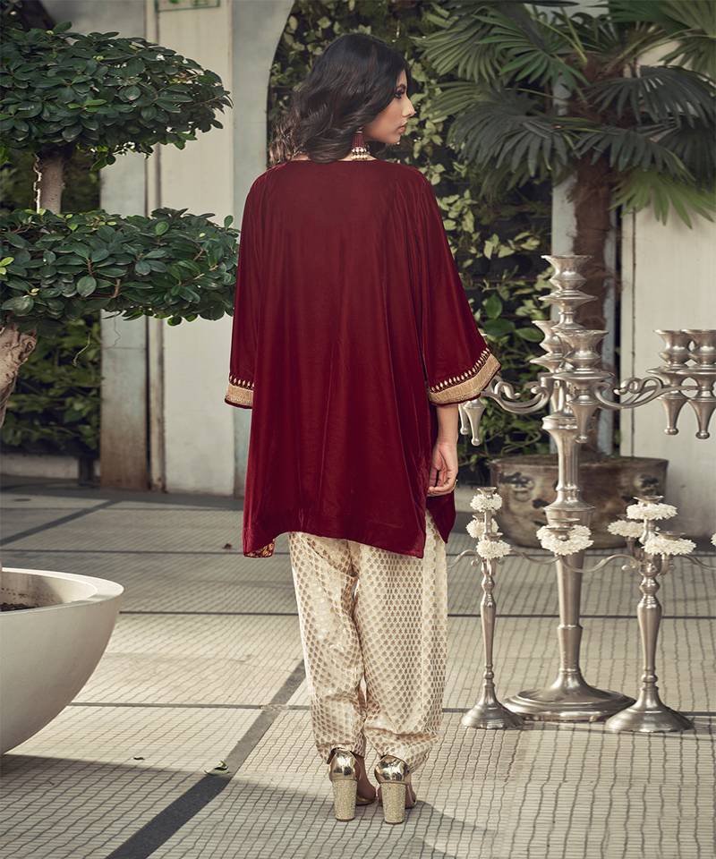 Mahroon Velvet Kurta With Chanderi Dhoti Salwar