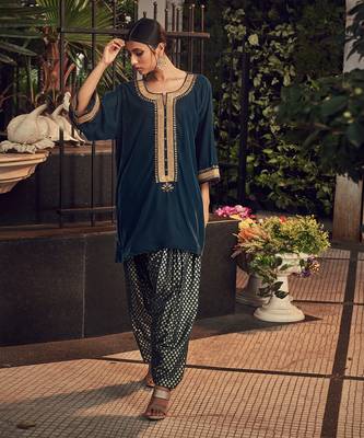 Prussian Blue Velvet Kurta With Chanderi Dhoti Salwar 1
