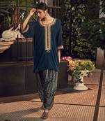 Prussian Blue Velvet Kurta With Chanderi Dhoti Salwar