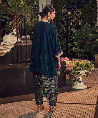 Prussian Blue Velvet Kurta With Chanderi Dhoti Salwar 2