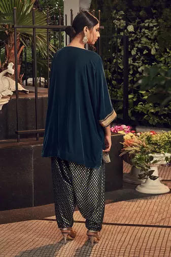 Prussian Blue Velvet Kurta With Chanderi Dhoti Salwar