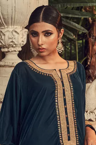 Prussian Blue Velvet Kurta With Chanderi Dhoti Salwar