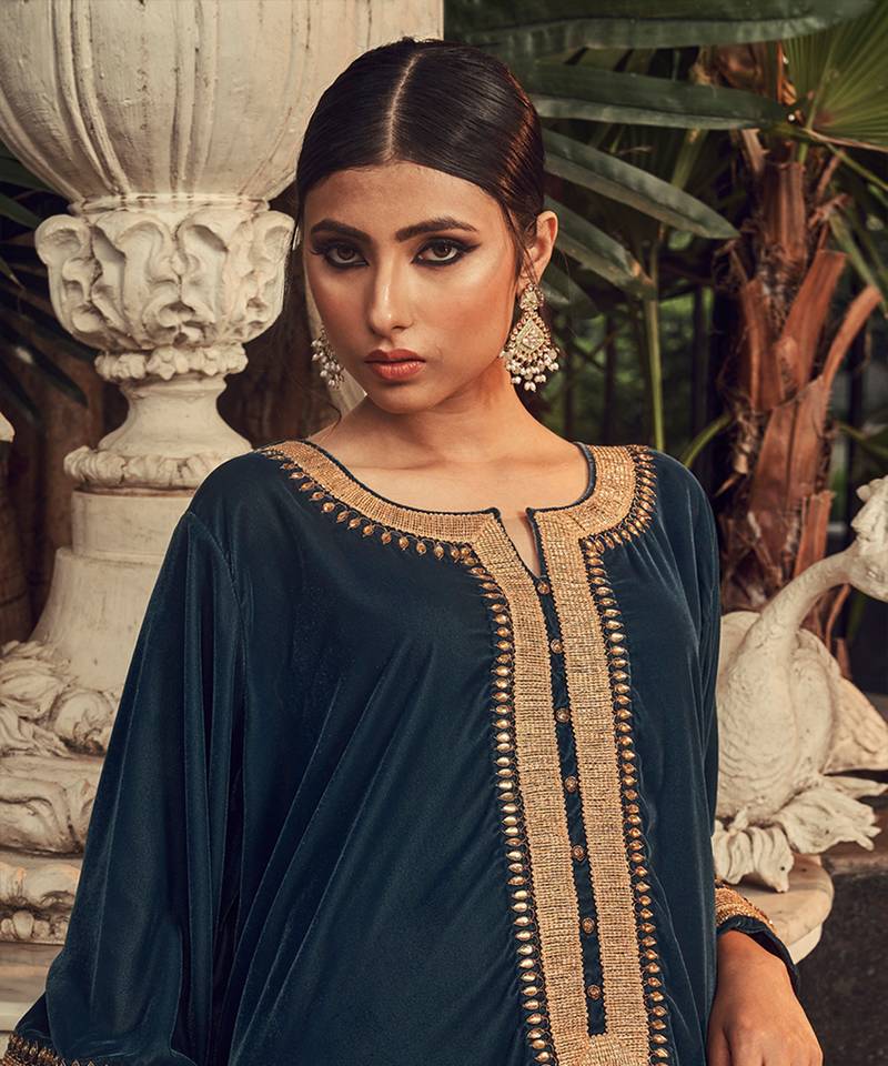 Prussian Blue Velvet Kurta With Chanderi Dhoti Salwar