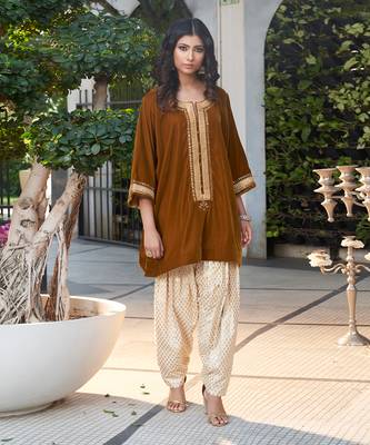 Sand Colour Velvet Kurta With Chanderi Salwar 1