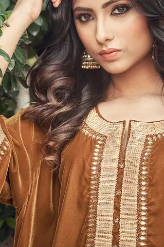 Sand Colour Velvet Kurta With Chanderi Salwar