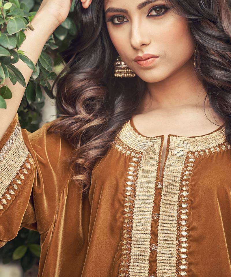 Sand Colour Velvet Kurta With Chanderi Salwar