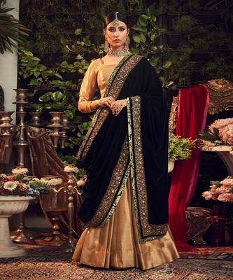 Oxidised Gold Lehenga Set With Velvet Dupatta Shawl 1