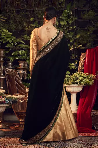 Oxidised Gold Lehenga Set With Velvet Dupatta Shawl