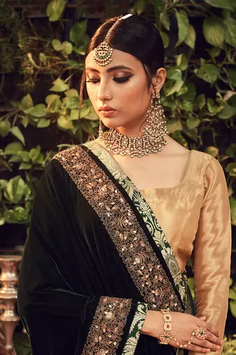 Oxidised Gold Lehenga Set With Velvet Dupatta Shawl