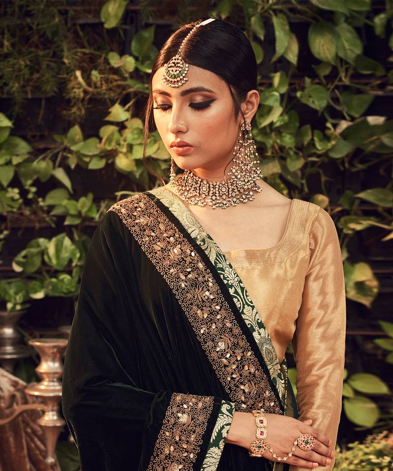 Oxidised Gold Lehenga Set With Velvet Dupatta Shawl