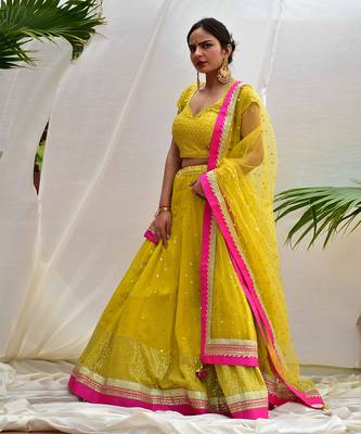 Noor -Canary-Yellow Lehenga Set In Sequins Embroidery With Magenta Detailing. 1
