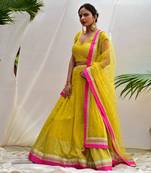 Noor -Canary-Yellow Lehenga Set In Sequins Embroidery With Magenta Detailing.