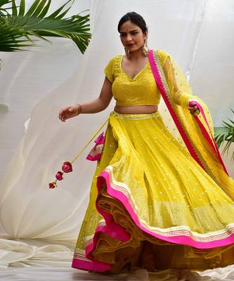 Noor -Canary-Yellow Lehenga Set In Sequins Embroidery With Magenta Detailing. 2