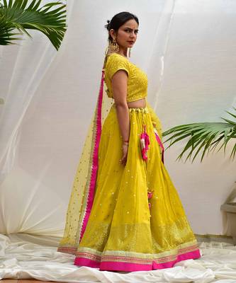 Noor -Canary-Yellow Lehenga Set In Sequins Embroidery With Magenta Detailing. 3