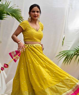 Noor -Canary-Yellow Lehenga Set In Sequins Embroidery With Magenta Detailing. 4