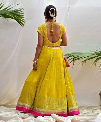 Noor -Canary-Yellow Lehenga Set In Sequins Embroidery With Magenta Detailing. 5