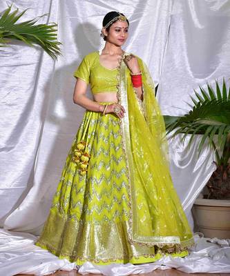 Lia-Lusty Lime-Green Georgette Lehenga Set In Dual Coloured Sequins Chevron Embroidery. 1