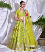 Lia-Lusty Lime-Green Georgette Lehenga Set In Dual Coloured Sequins Chevron Embroidery.