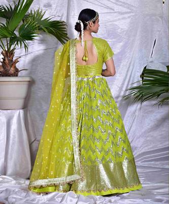Lia-Lusty Lime-Green Georgette Lehenga Set In Dual Coloured Sequins Chevron Embroidery. 2