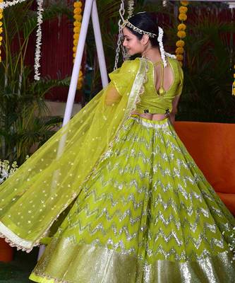 Lia-Lusty Lime-Green Georgette Lehenga Set In Dual Coloured Sequins Chevron Embroidery. 3